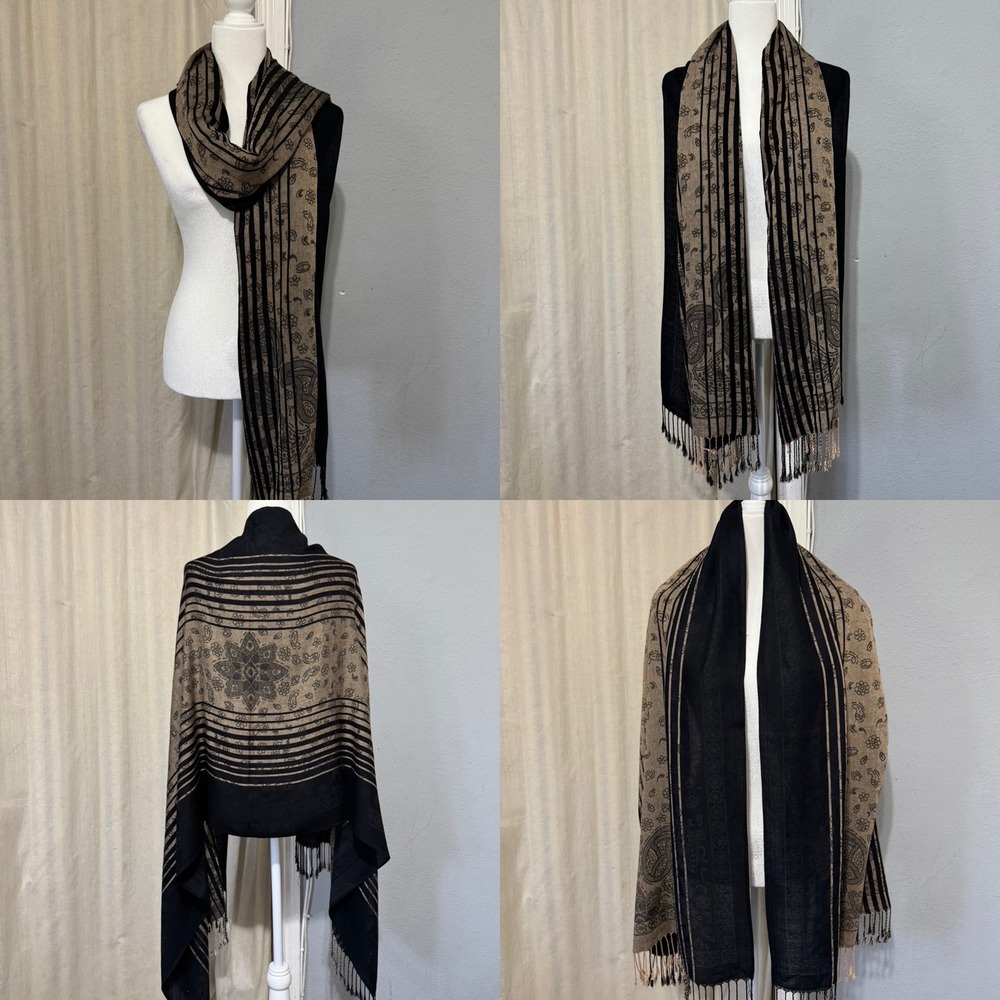 Black and Tan Paisley Floral Pashmina Wrap Scarf Shawl with Fringe Trim 28x72 in